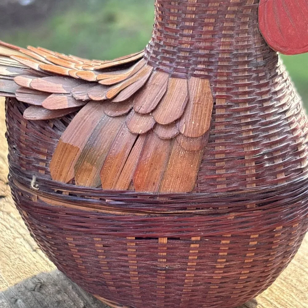 Vintage Shanghai Handicrafts Woven Rooster Basket, Woven Wicker and Rattan